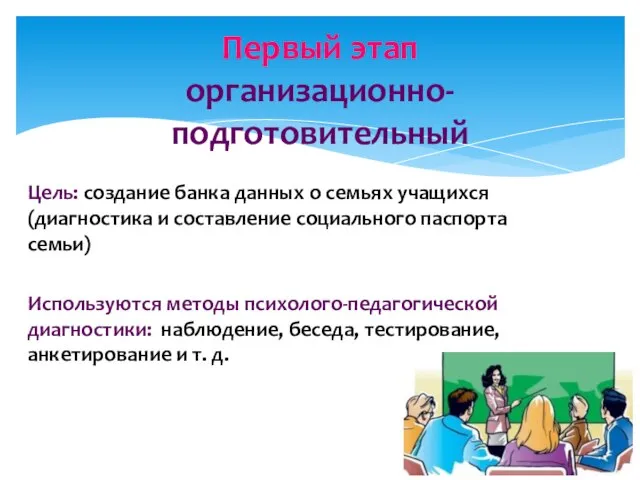 Цель: создание банка данных о семьях учащихся (диагностика и составление социального паспорта