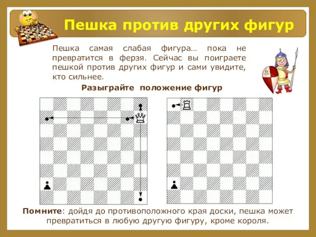 Пешка против других фигур Пешка самая слабая фигура… пока не превратится в