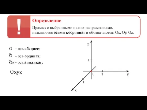 Определение Прямые с выбранными на них направлениями, называются осями координат и обозначаются: