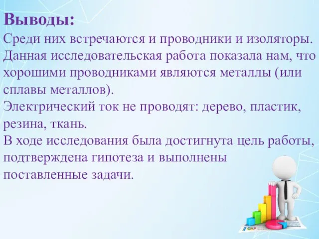 Выводы: Среди них встречаются и проводники и изоляторы. Данная исследовательская работа показала