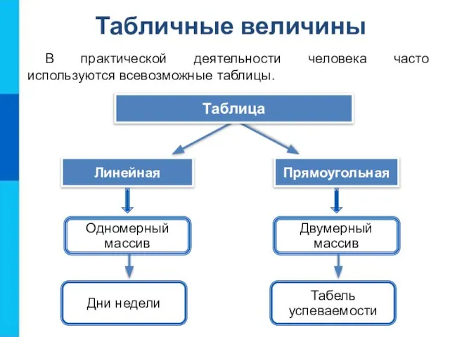 Табличные величины В практической деятельности человека часто используются всевозможные таблицы. Прямоугольная Линейная