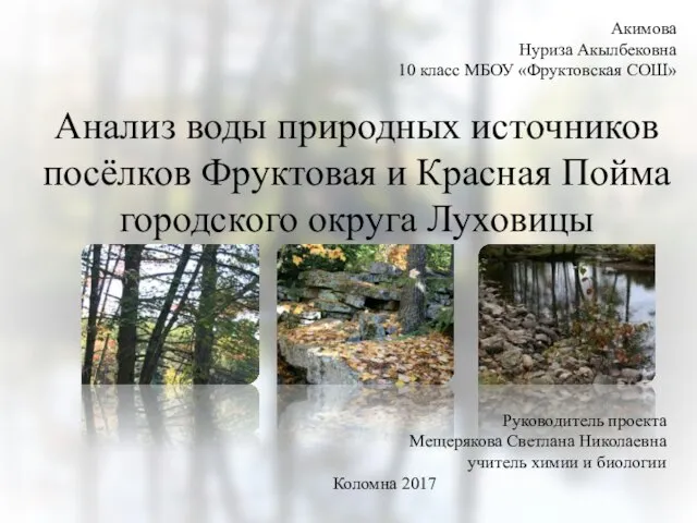 Акимова Нуриза Акылбековна 10 класс МБОУ «Фруктовская СОШ» Анализ воды природных источников