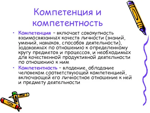 Компетенция и компетентность Компетенция – включает совокупность взаимосвязанных качеств личности (знаний, умений,