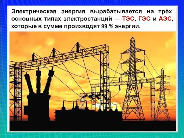 Электрическая энергия вырабатывается на трёх основных типах электростанций — ТЭС, ГЭС и
