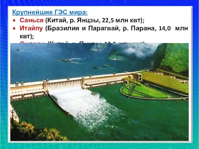 Крупнейшие ГЭС мира: Санься (Китай, р. Янцзы, 22,5 млн квт); Итайпу (Бразилия