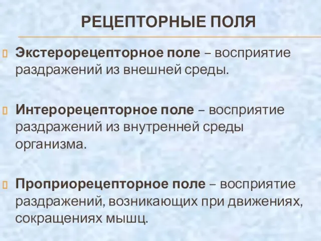 РЕЦЕПТОРНЫЕ ПОЛЯ Экстерорецепторное поле – восприятие раздражений из внешней среды. Интерорецепторное поле