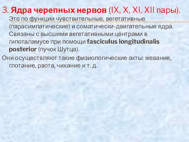 3. Ядра черепных нервов (IX, X, XI, XII пары). Это по функции