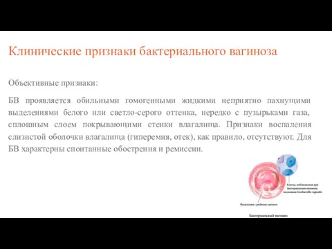 Клинические признаки бактериального вагиноза Объективные признаки: БВ проявляется обильными гомогенными жидкими неприятно