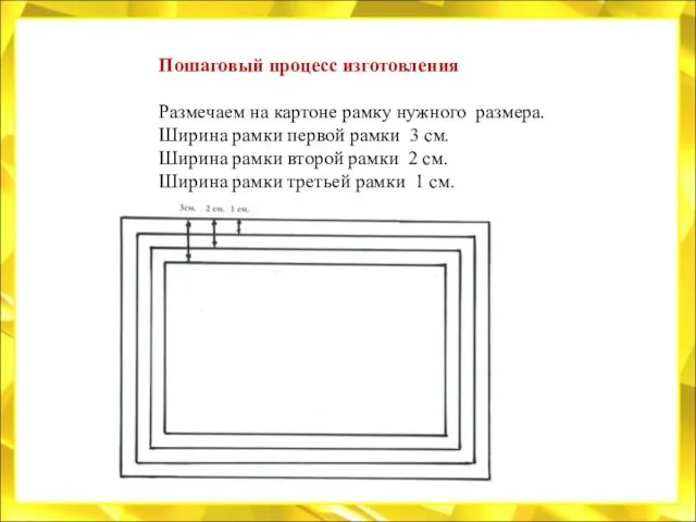 Пошаговый процесс изготовления Размечаем на картоне рамку нужного размера. Ширина рамки первой