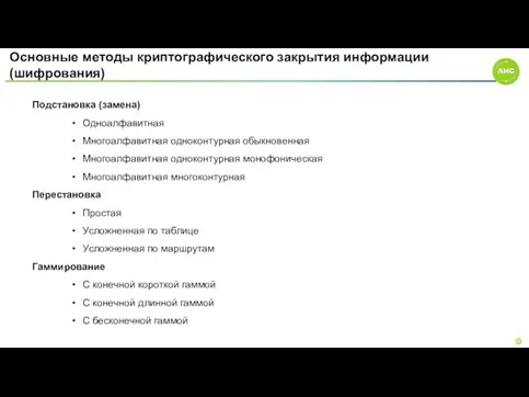 Основные методы криптографического закрытия информации (шифрования) Подстановка (замена) Одноалфавитная Многоалфавитная одноконтурная обыкновенная