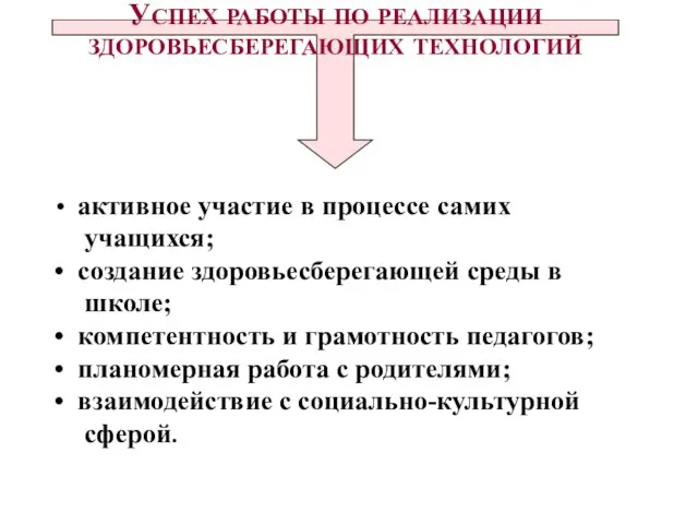 активное участие в процессе самих учащихся; создание здоровьесберегающей среды в школе; компетентность