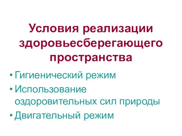 Условия реализации здоровьесберегающего пространства Гигиенический режим Использование оздоровительных сил природы Двигательный режим