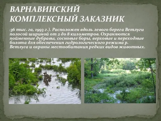 (36 тыс. га, 1993 г.). Расположен вдоль левого берега Ветлуги полосой шириной