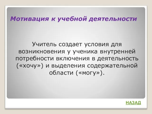 Мотивация к учебной деятельности Учитель создает условия для возникновения у ученика внутренней