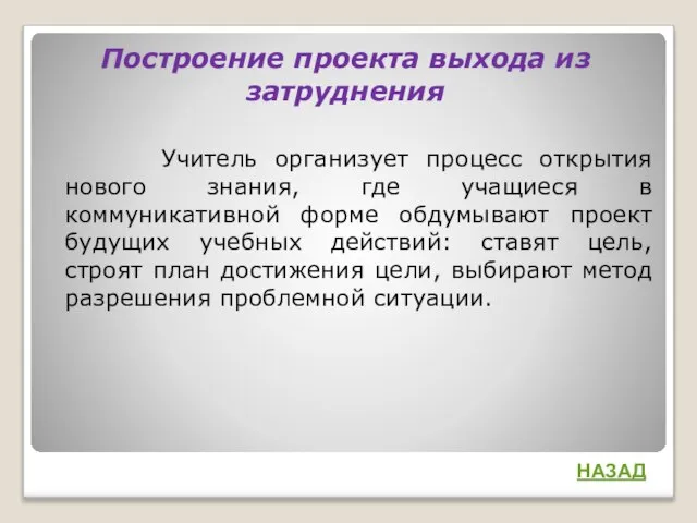 Построение проекта выхода из затруднения Учитель организует процесс открытия нового знания, где