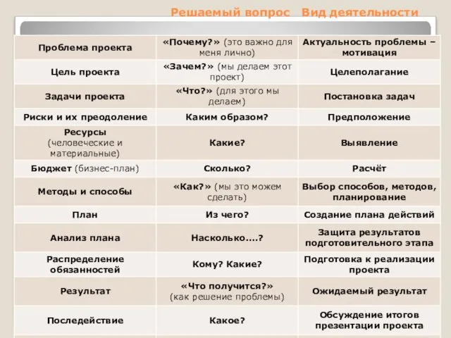 Решаемый вопрос Вид деятельности