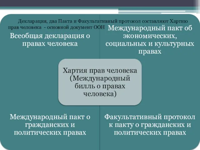 Декларация, два Пакта и Факультативный протокол составляют Хартию прав человека - основной документ ООН