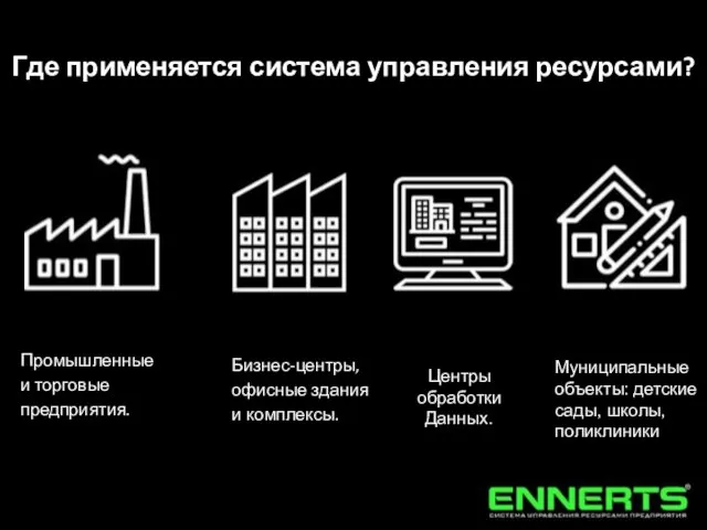 Где применяется система управления ресурсами? Промышленные и торговые предприятия. Бизнес-центры, офисные здания