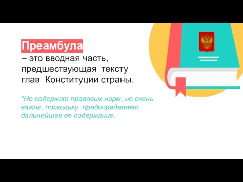 Преамбула – это вводная часть, предшествующая тексту глав Конституции страны. *Не содержит