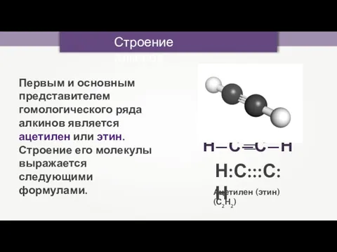 Строение алкинов Ацетилен (этин) (С2Н2) Н:С:::С:Н Первым и основным представителем гомологического ряда