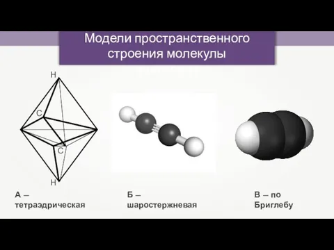 Модели пространственного строения молекулы ацетилена А — тетраэдрическая Б — шаростержневая В