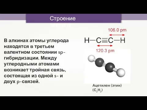 Строение алкинов В алкинах атомы углерода находятся в третьем валентном состоянии sp-гибридизации.