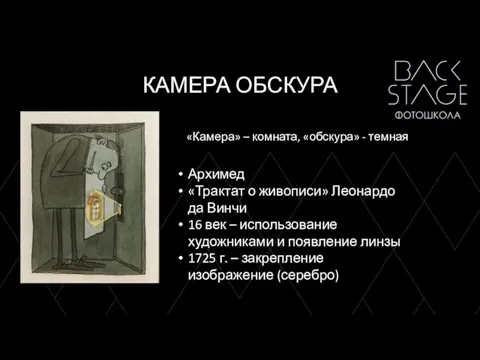 КАМЕРА ОБСКУРА Архимед «Трактат о живописи» Леонардо да Винчи 16 век –