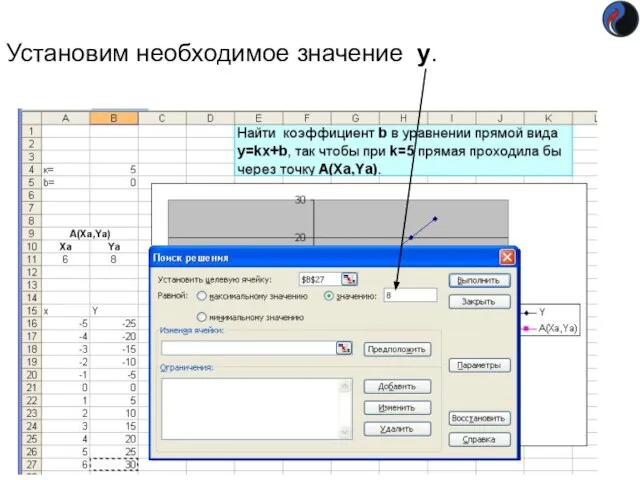 Установим необходимое значение y.