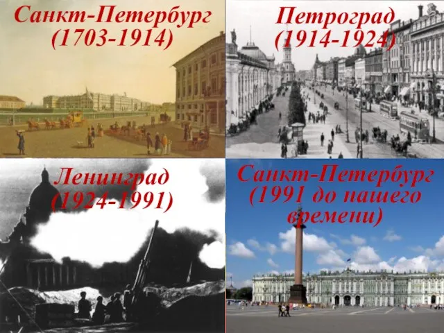 Санкт-Петербург (1703-1914) Санкт-Петербург (1991 до нашего времени) Петроград (1914-1924) Ленинград (1924-1991)