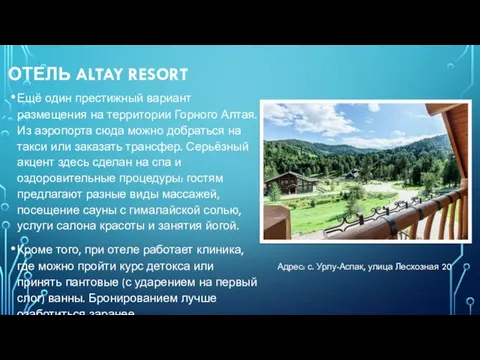 ОТЕЛЬ ALTAY RESORT Ещё один престижный вариант размещения на территории Горного Алтая.