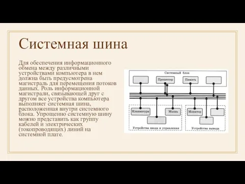 Системная шина Для обеспечения информационного обмена между различными устройствами компьютера в нем