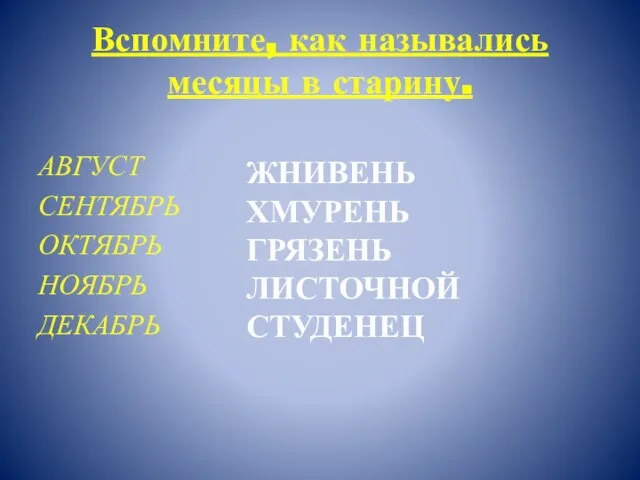 Вспомните, как назывались месяцы в старину. АВГУСТ СЕНТЯБРЬ ОКТЯБРЬ НОЯБРЬ ДЕКАБРЬ ЖНИВЕНЬ ХМУРЕНЬ ГРЯЗЕНЬ ЛИСТОЧНОЙ СТУДЕНЕЦ