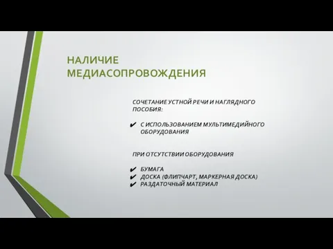 НАЛИЧИЕ МЕДИАСОПРОВОЖДЕНИЯ СОЧЕТАНИЕ УСТНОЙ РЕЧИ И НАГЛЯДНОГО ПОСОБИЯ: С ИСПОЛЬЗОВАНИЕМ МУЛЬТИМЕДИЙНОГО ОБОРУДОВАНИЯ