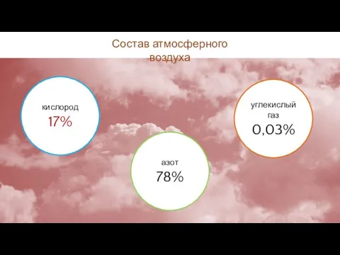 Состав атмосферного воздуха кислород 21% азот 78% углекислый газ 0,03% кислород 17%