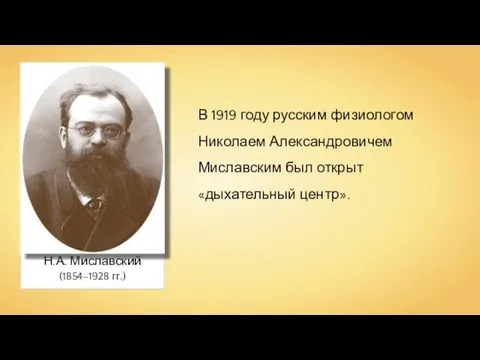 Н.А. Миславский В 1919 году русским физиологом Николаем Александровичем Миславским был открыт «дыхательный центр». (1854–1928 гг.)