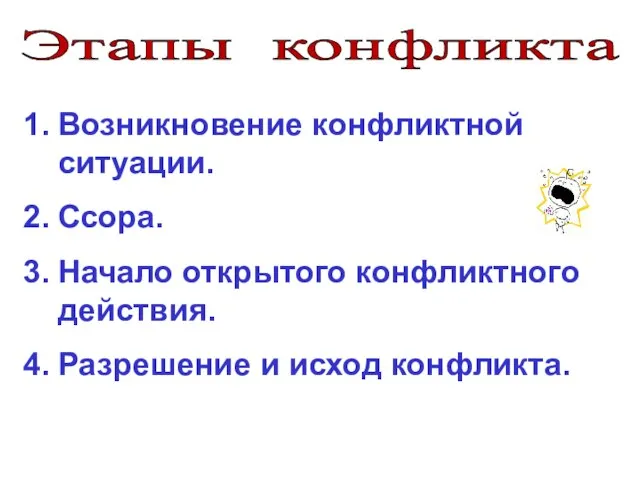 Этапы конфликта Возникновение конфликтной ситуации. Ссора. Начало открытого конфликтного действия. Разрешение и исход конфликта.