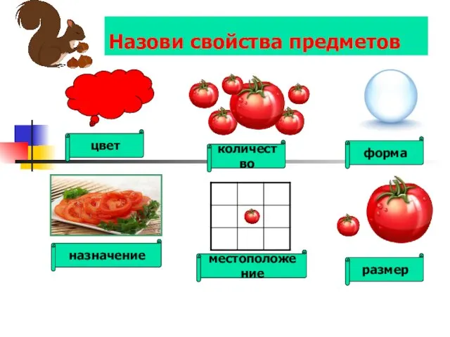 Назови свойства предметов цвет размер местоположение назначение форма количество