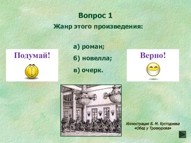 Подумай! Вопрос 1 в) очерк. Жанр этого произведения: а) роман; б) новелла;