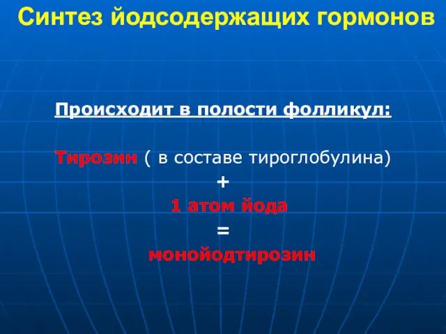 Синтез йодсодержащих гормонов Происходит в полости фолликул: Тирозин ( в составе тироглобулина)