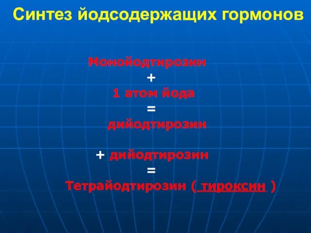 Синтез йодсодержащих гормонов Монойодтирозин + 1 атом йода = дийодтирозин + дийодтирозин