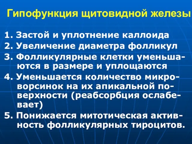 Гипофункция щитовидной железы 1. Застой и уплотнение каллоида 2. Увеличение диаметра фолликул