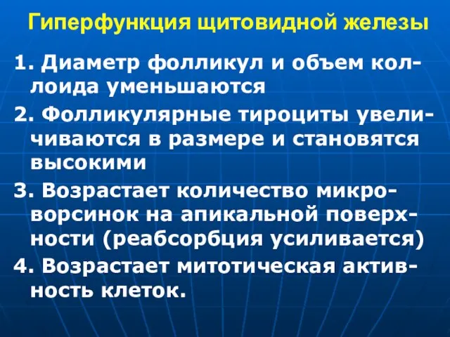 Гиперфункция щитовидной железы 1. Диаметр фолликул и объем кол-лоида уменьшаются 2. Фолликулярные