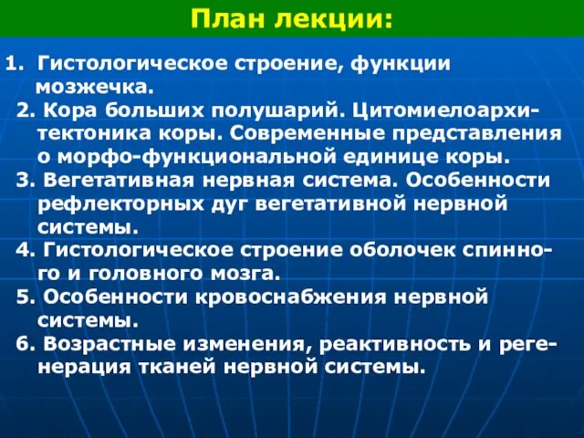 План лекции: Гистологическое строение, функции мозжечка. 2. Кора больших полушарий. Цитомиелоархи-тектоника коры.