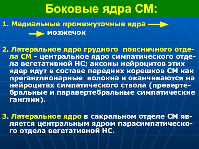 Боковые ядра СМ: 1. Медиальные промежуточные ядра мозжечок 2. Латеральное ядро грудного