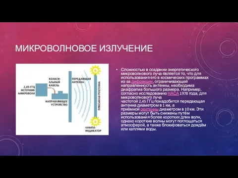 МИКРОВОЛНОВОЕ ИЗЛУЧЕНИЕ Сложностью в создании энергетического микроволнового луча является то, что для