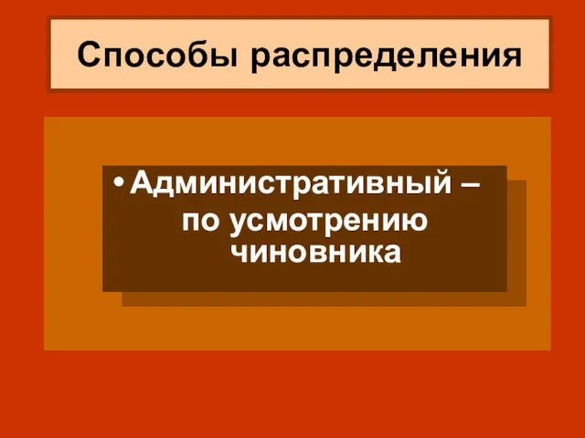 Способы распределения Административный – по усмотрению чиновника Административный – по усмотрению чиновника