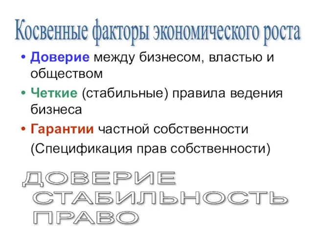 Доверие между бизнесом, властью и обществом Четкие (стабильные) правила ведения бизнеса Гарантии