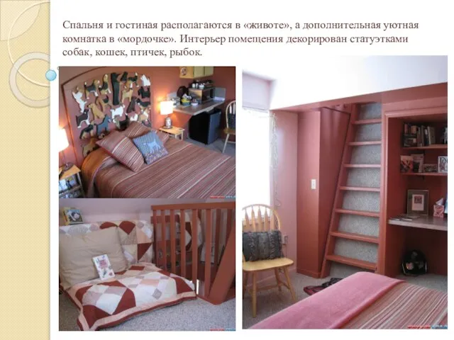 Спальня и гостиная располагаются в «животе», а дополнительная уютная комнатка в «мордочке».