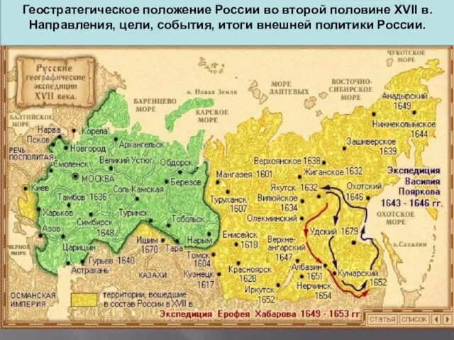 Геостратегическое положение России во второй половине XVII в. Направления, цели, события, итоги внешней политики России.