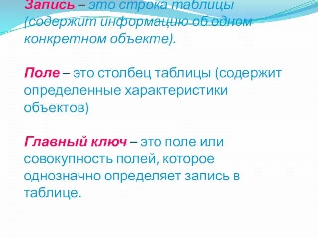 Реляционные БД Запись – это строка таблицы (содержит информацию об одном конкретном